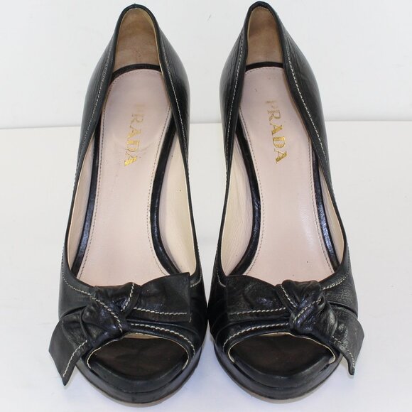 Prada Leather Peep Toe Bow Pumps Womens (EU 36/US 6) - Picture 2 of 9